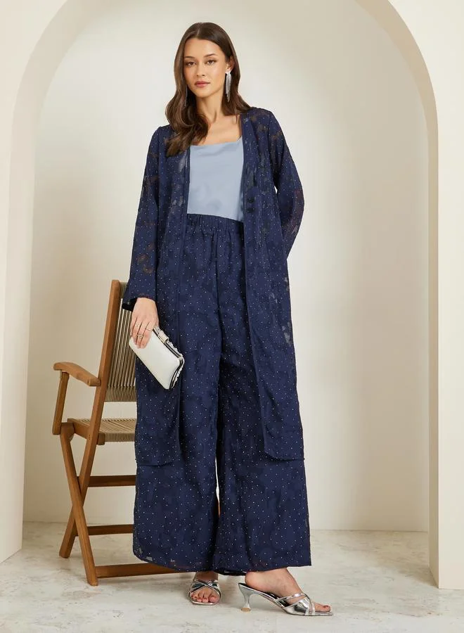 Styli  Navy Studded Jacquard Kimono and Pants Co-ords for Women | Best Price UAE